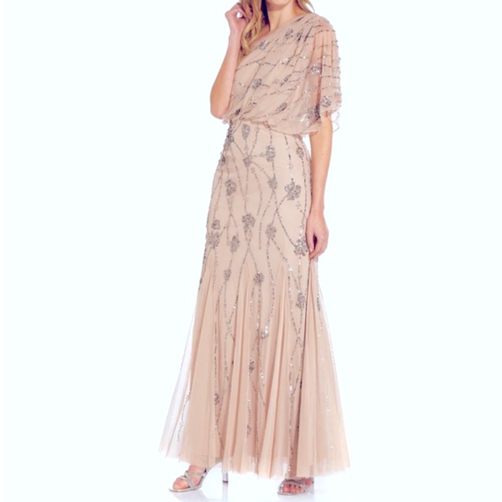 Adrianna Pappel Pink Beaded One Shoulder Dress Gown Size 4